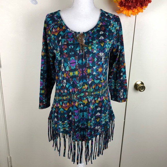 Hannah Tops - HANNAH FRINGE BORDER RETRO PRINT TUNIC SCOOP MED